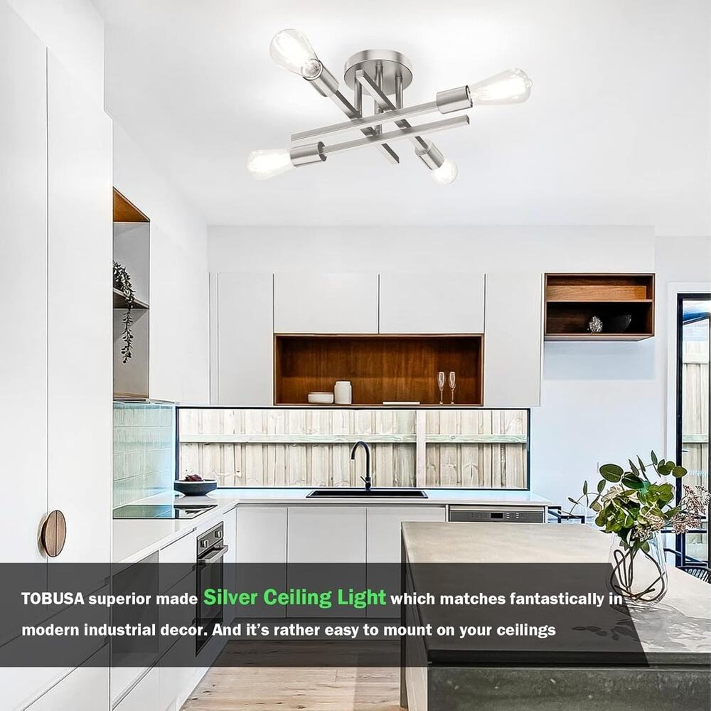 Brushed Nickle Semi Flush Mount Ceiling Lights, 4-Light Modern Industrial - Picture 2 of 7
